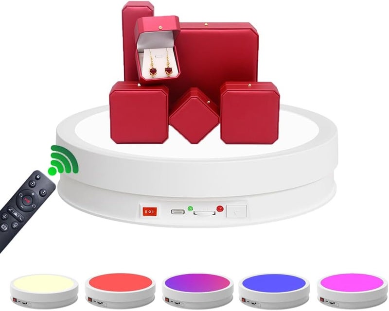 JAYEGT Variety Colors LED Light Base Non-Slip Rotating Display Stand , 66Lbs Load,360 Photography Turntable for Products Shows, Glass Crystal Artwork, Jewelry,Remote control(8.66inch / 6Color LED Light / White / Wired) - Image 1